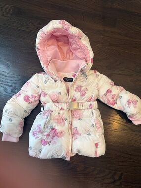 MonnaLisa Pink and White Floral Quilted Hooded Coat with Belt